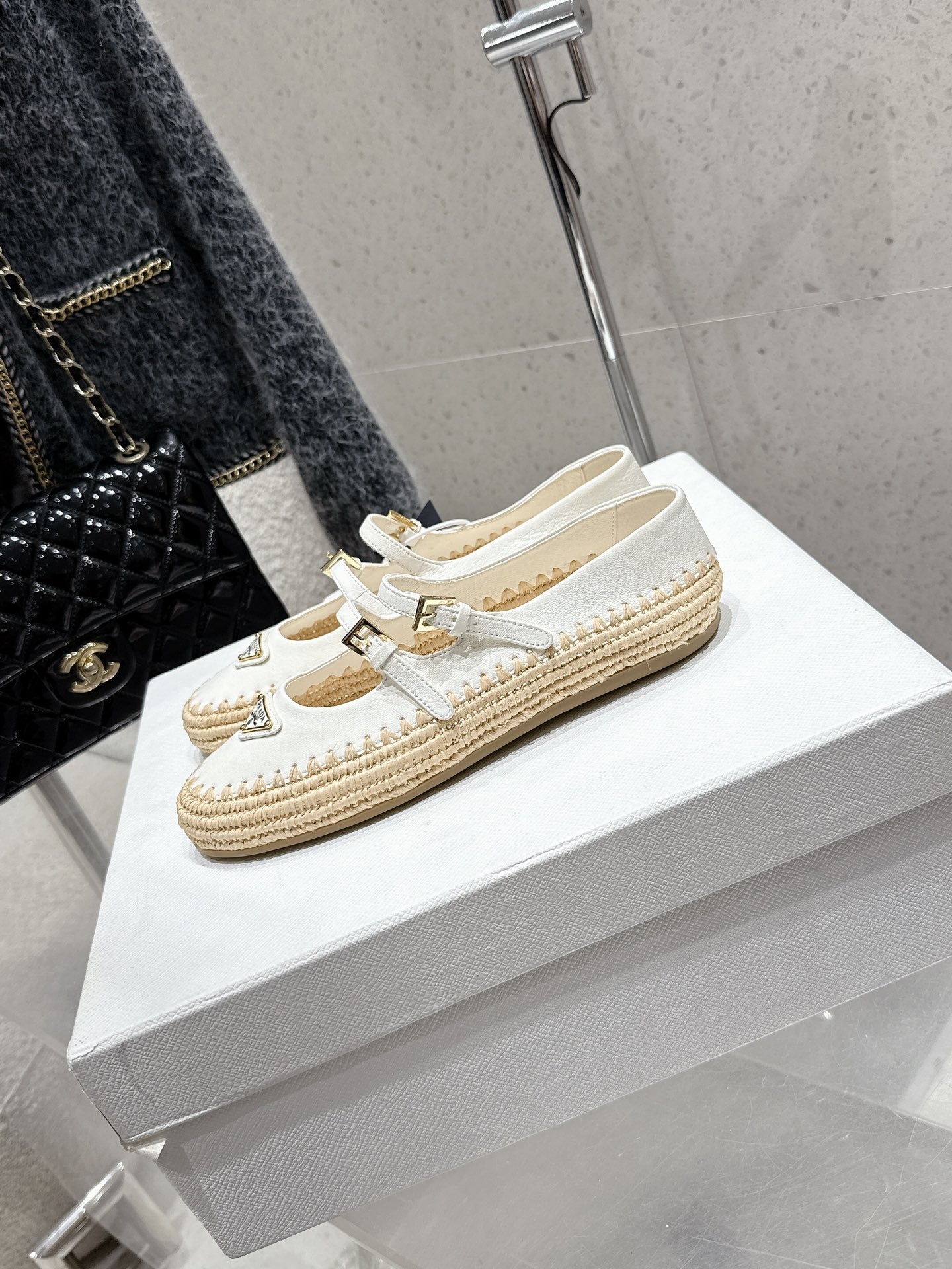 Pra 2025 Ballet Flat White Beige Cowhide Woven 554288