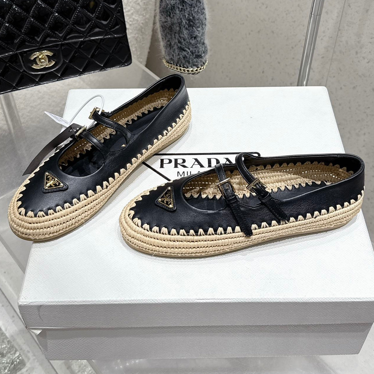 Pra 2025 Ballet Flat Black Beige Cowhide Woven 554289