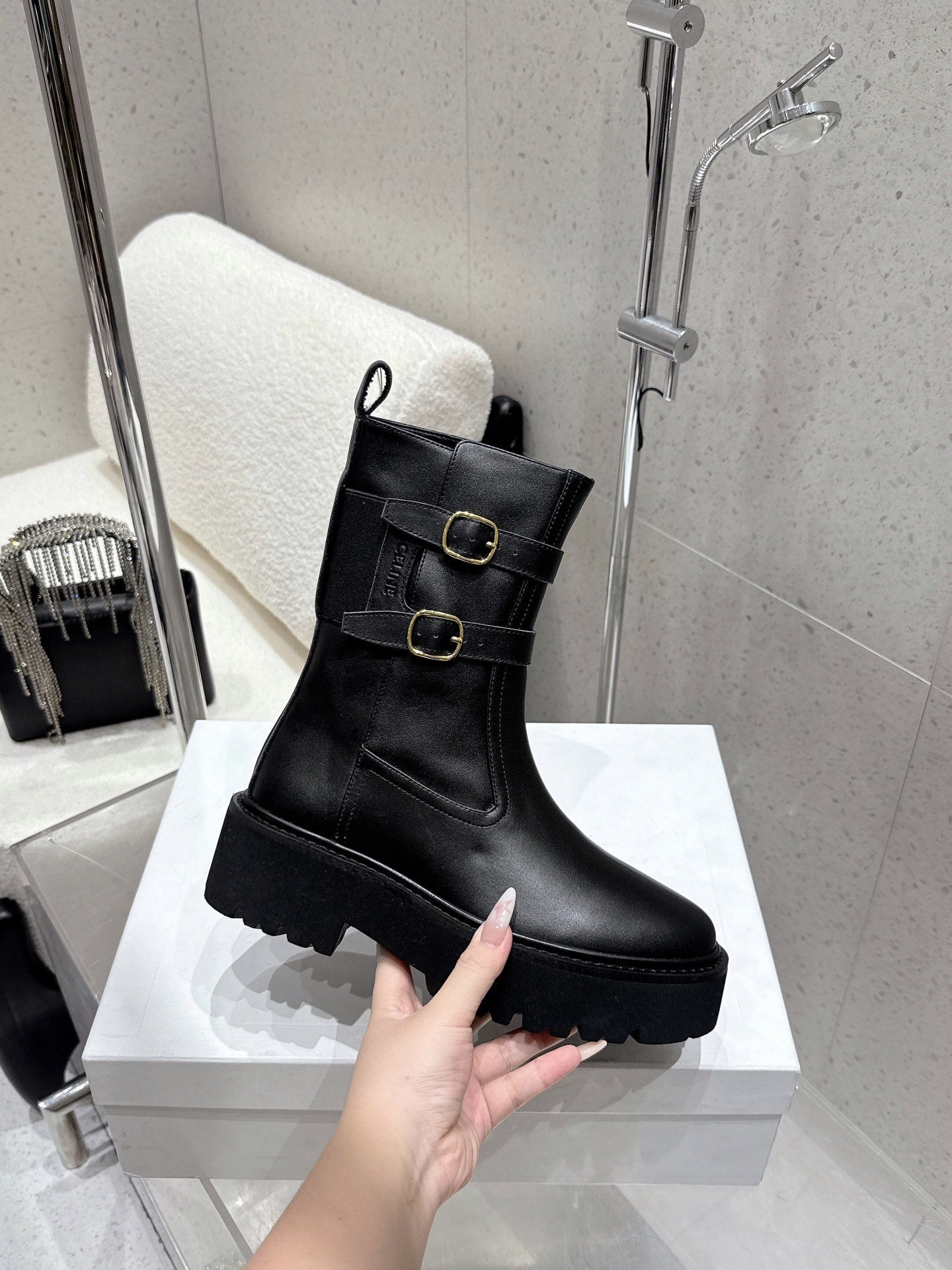 Celine 25 Bulky Biker Boot Black Cowhide 554194