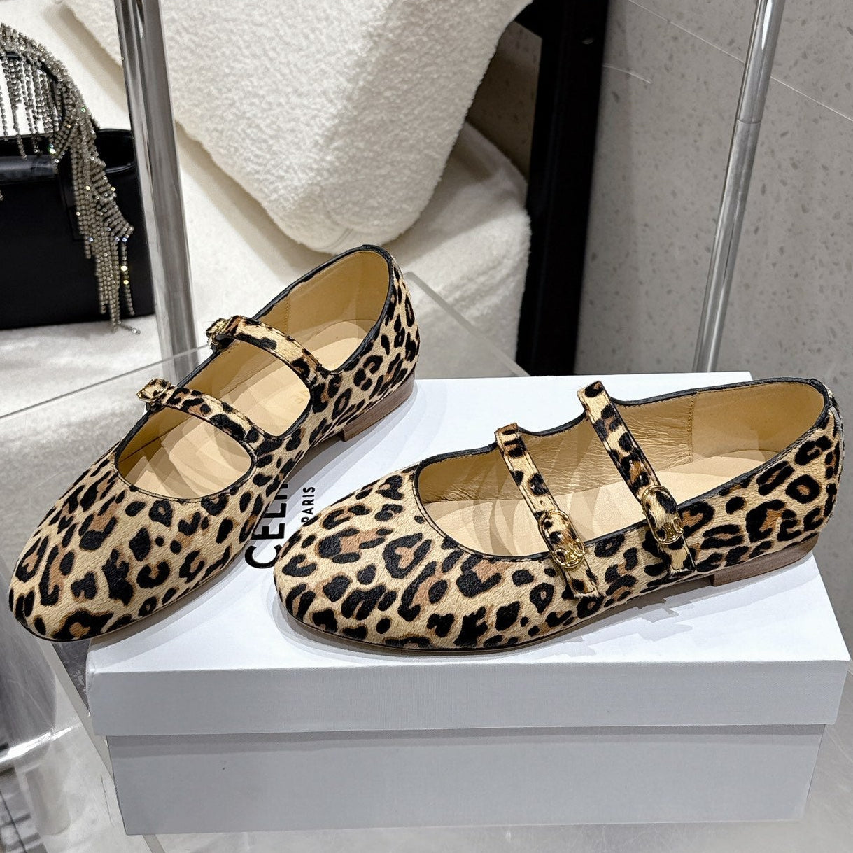 Celine 25 Ballet Flat Leopard Pony Hair mix Cowhide 554201