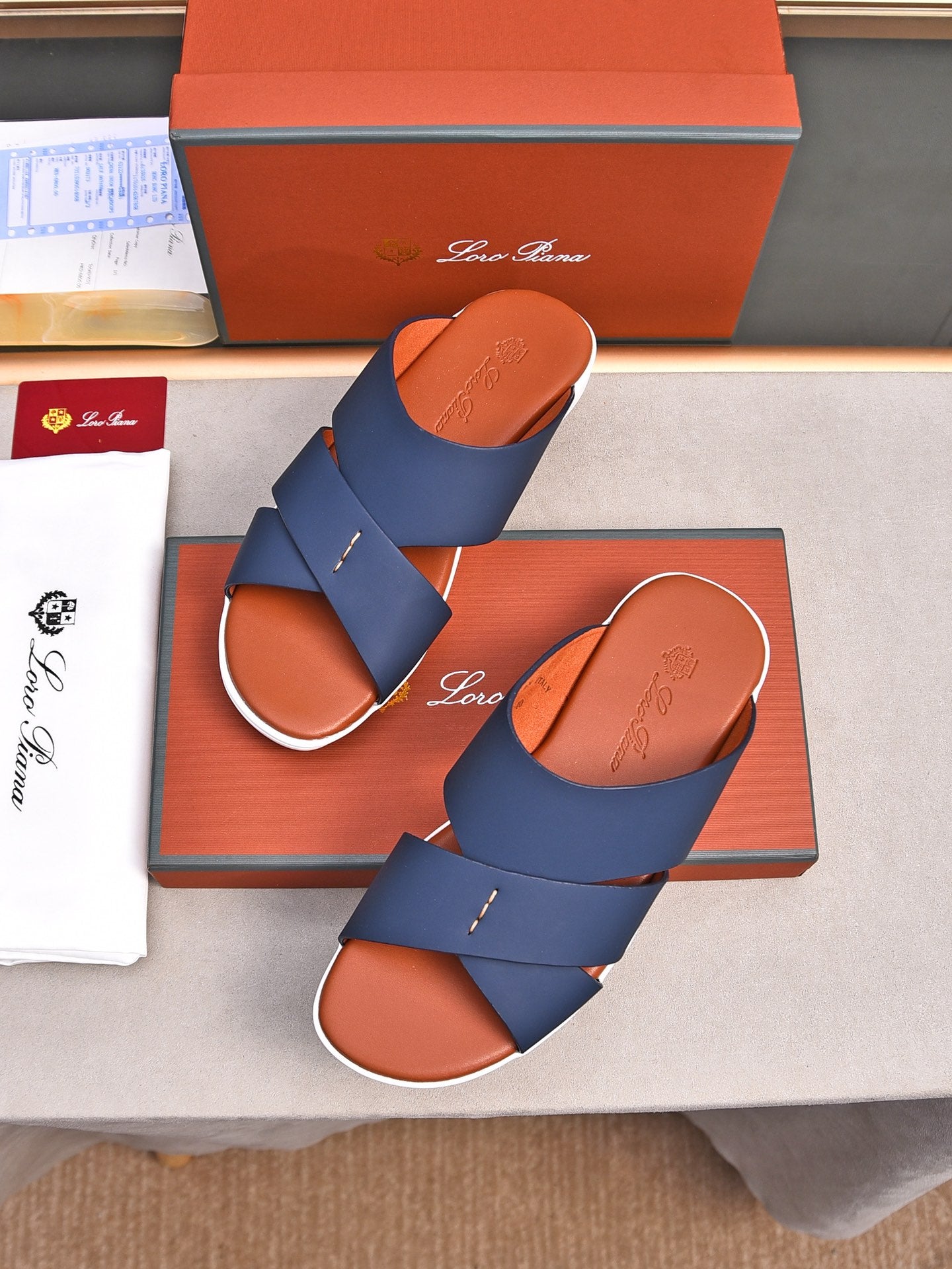 LP INTERWOVEN STRAPS SLIPPERS NAVY CALFSKIN