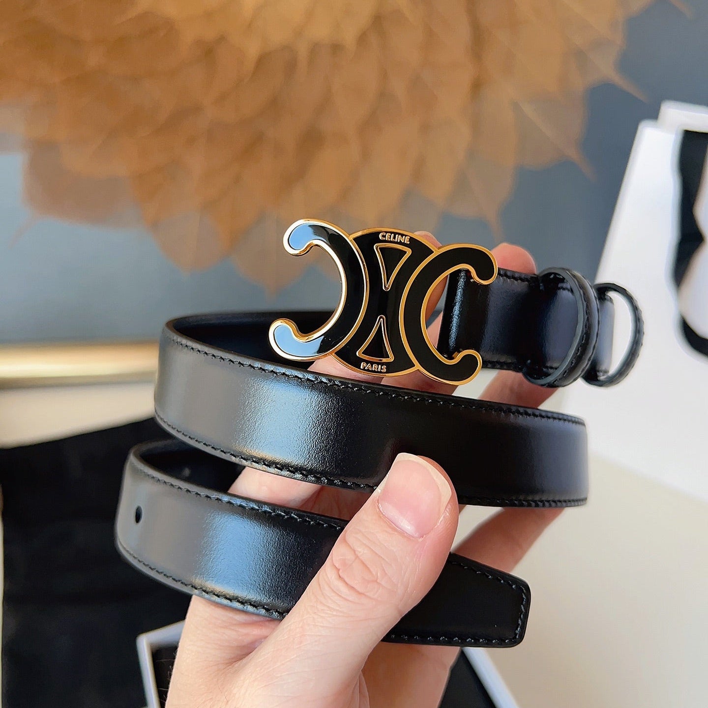 CL Black 25mm Triomphe Enamel Belt Black Cowhide 616414