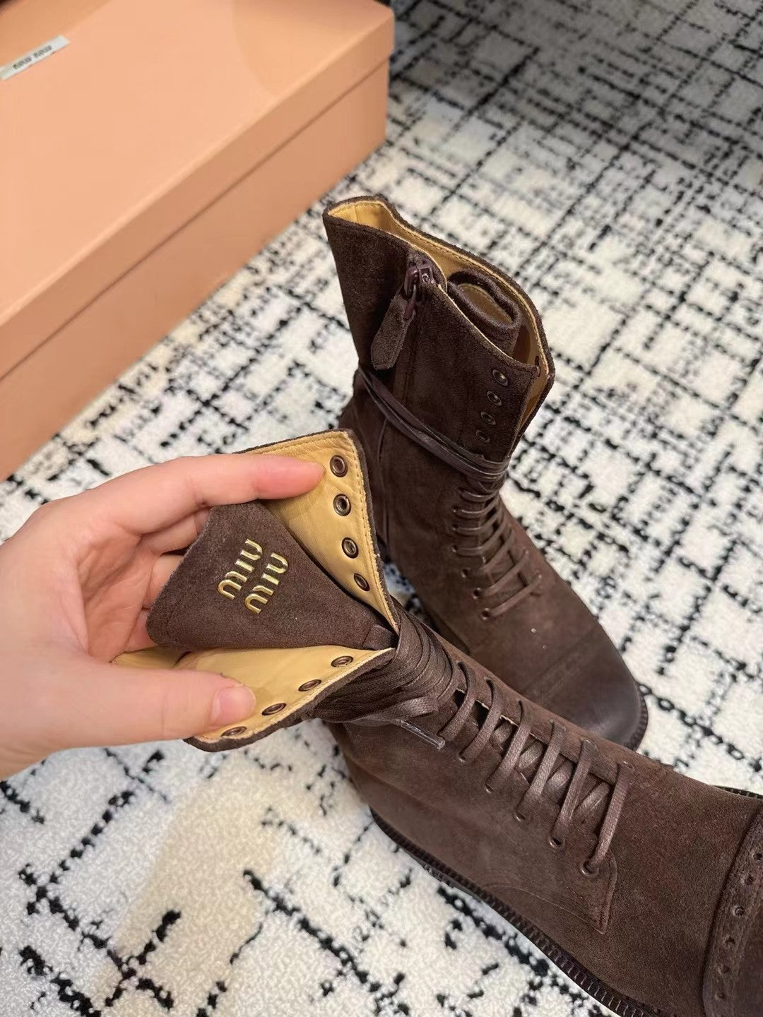 Miu Lace-Up Boots Earth Brown Suede