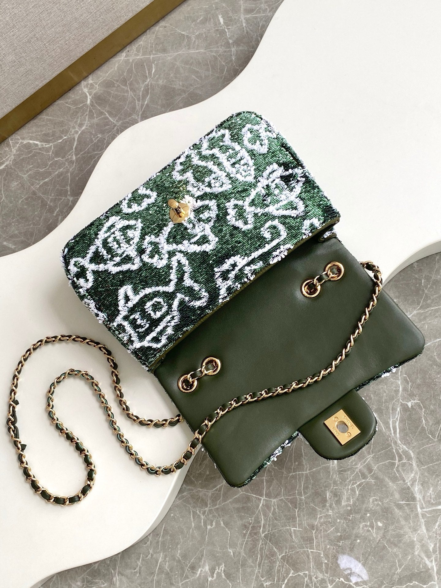 CC 25C Dark Green White Sequin Gold Hardware