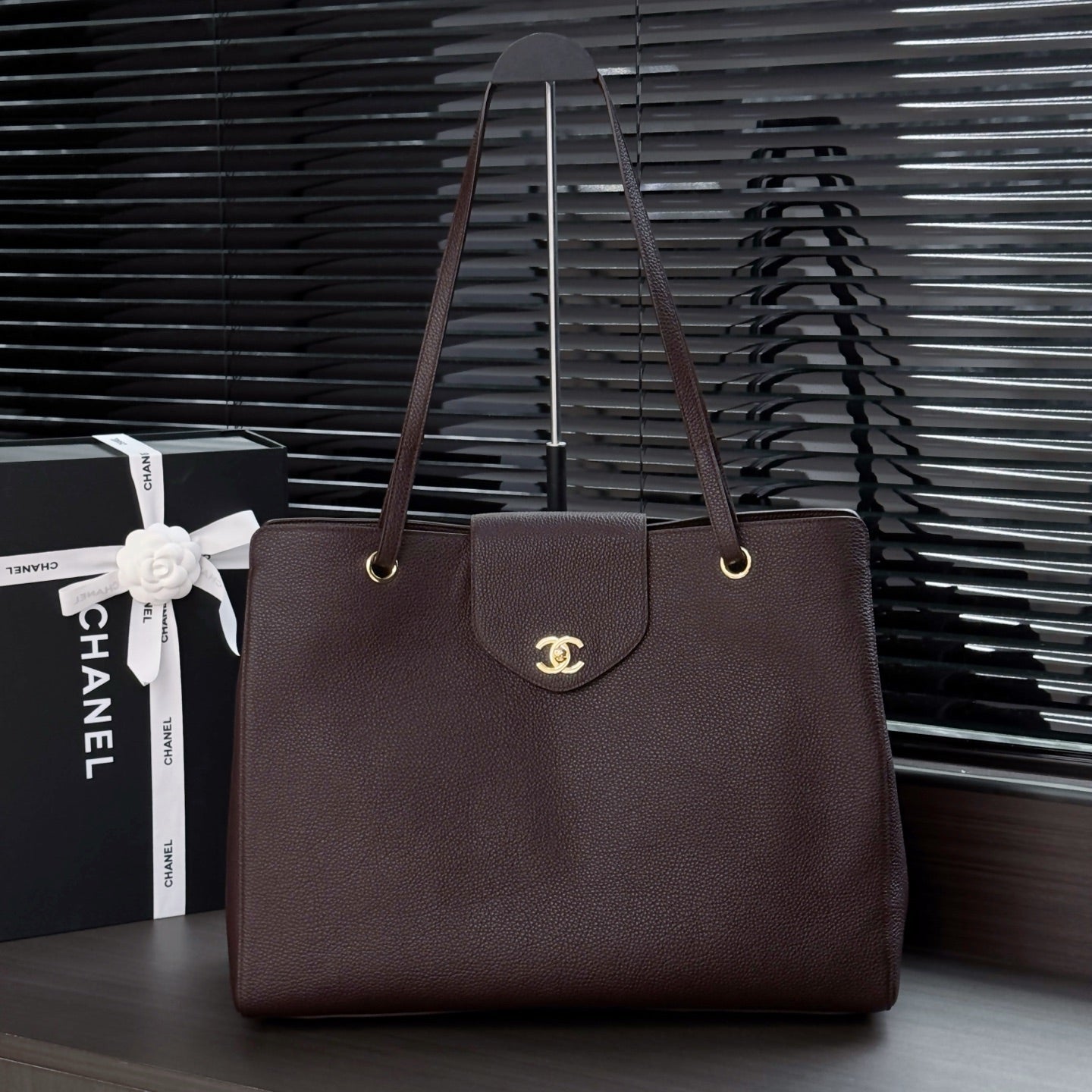 Chane 2026 Large Shopping Bag 46cm Dark Burgundy Calfskin