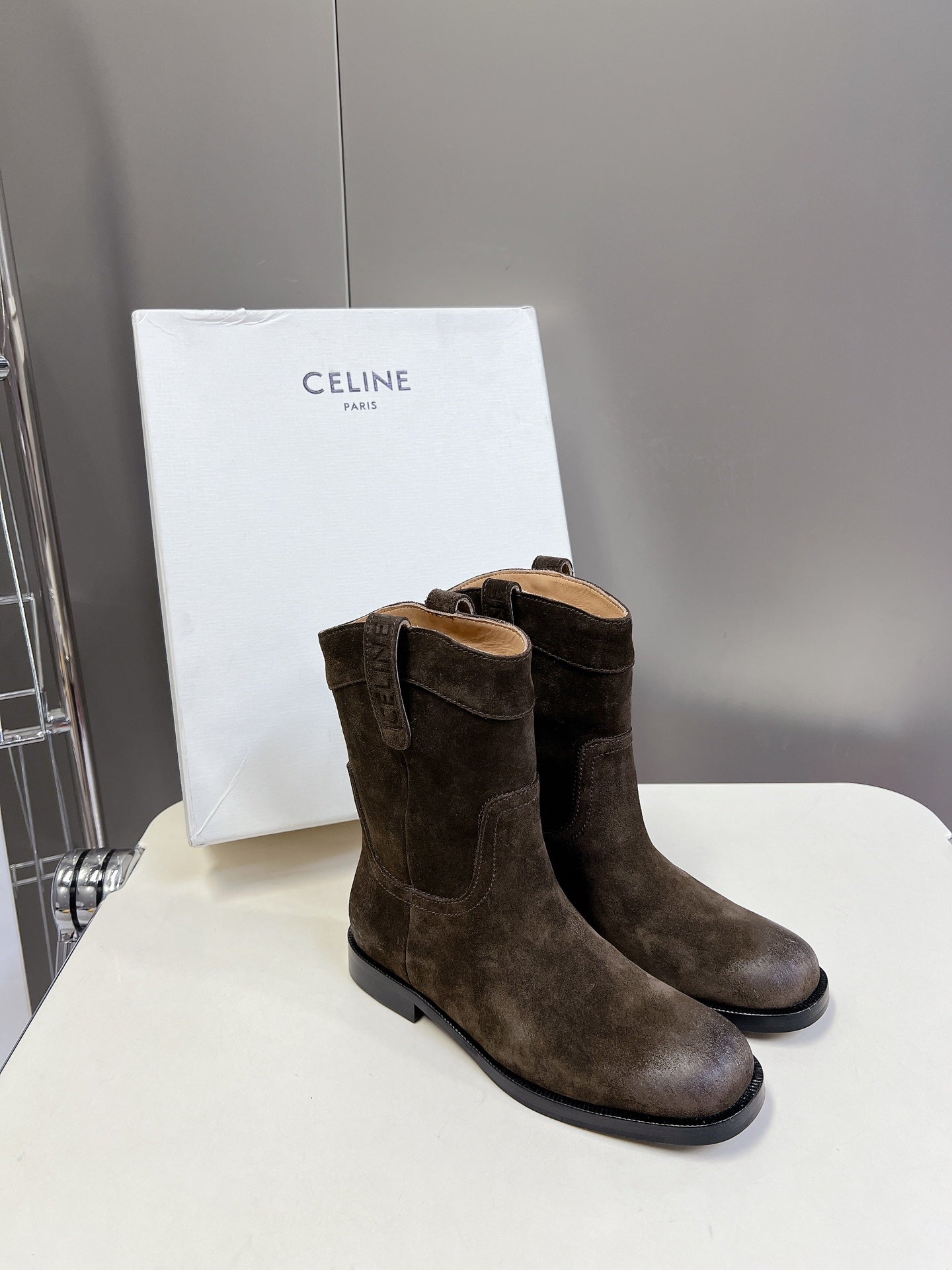 CELINE 25 cowboy boots dark brown suede 434412