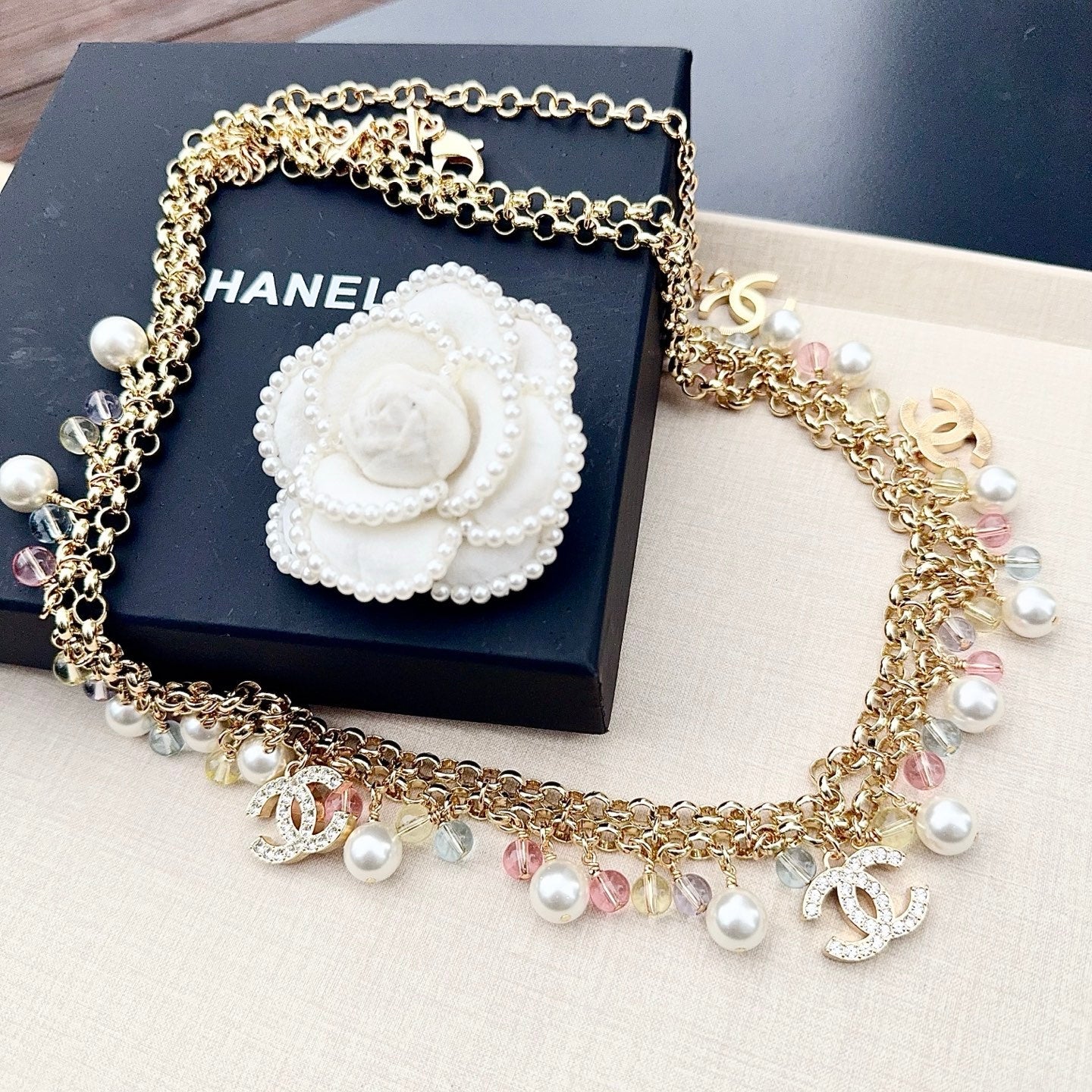 Chanel 2026 Pearl Crystal Charm Layered Chain Belt 208038
