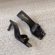 HIGH MULES WITH SQUARE TOE IN BLACK GLOSSY CALFSKIN