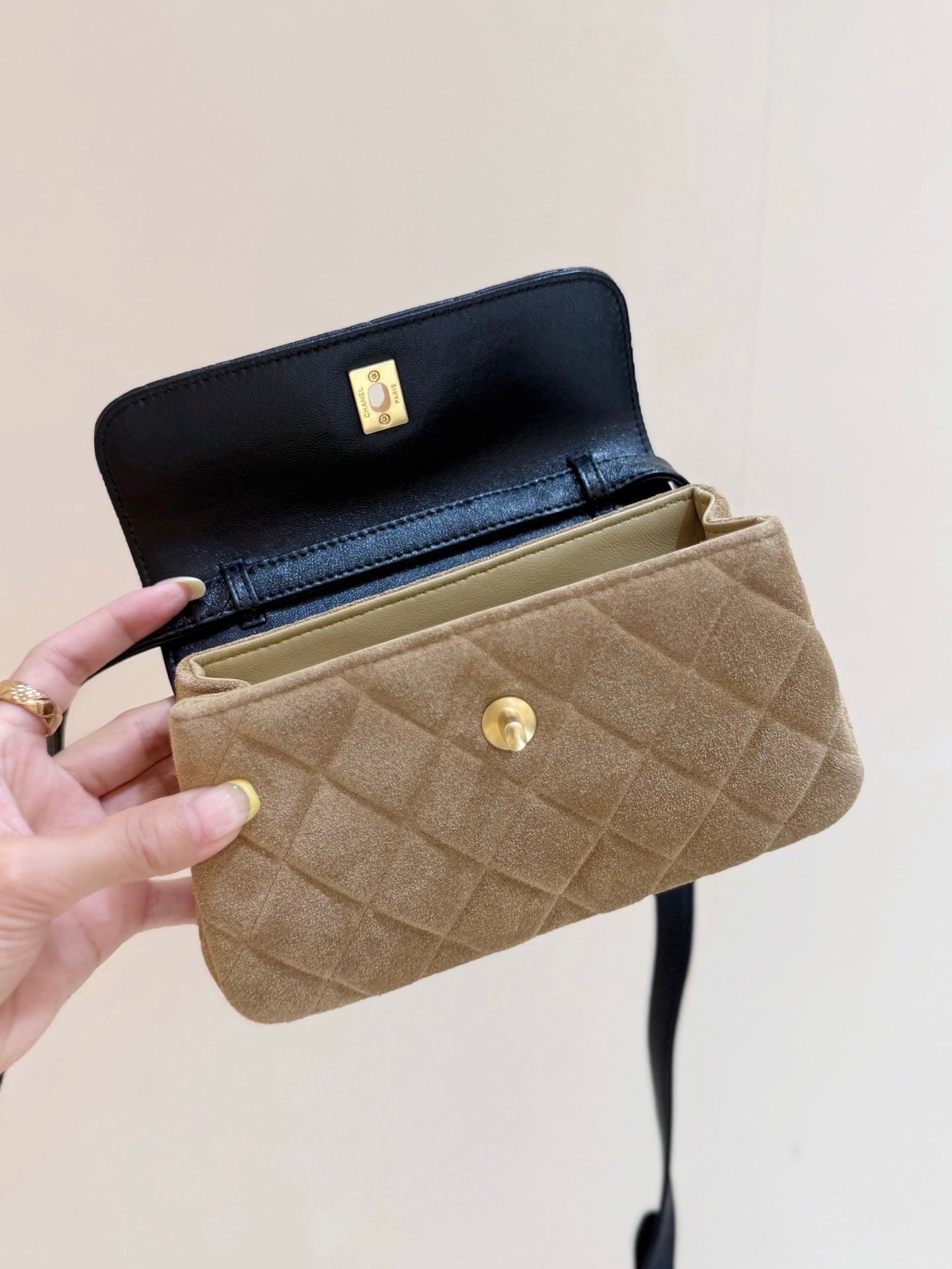 Chanel 2025 Block Flap Bag 20cm Black Beige Lambskin Suede 343043