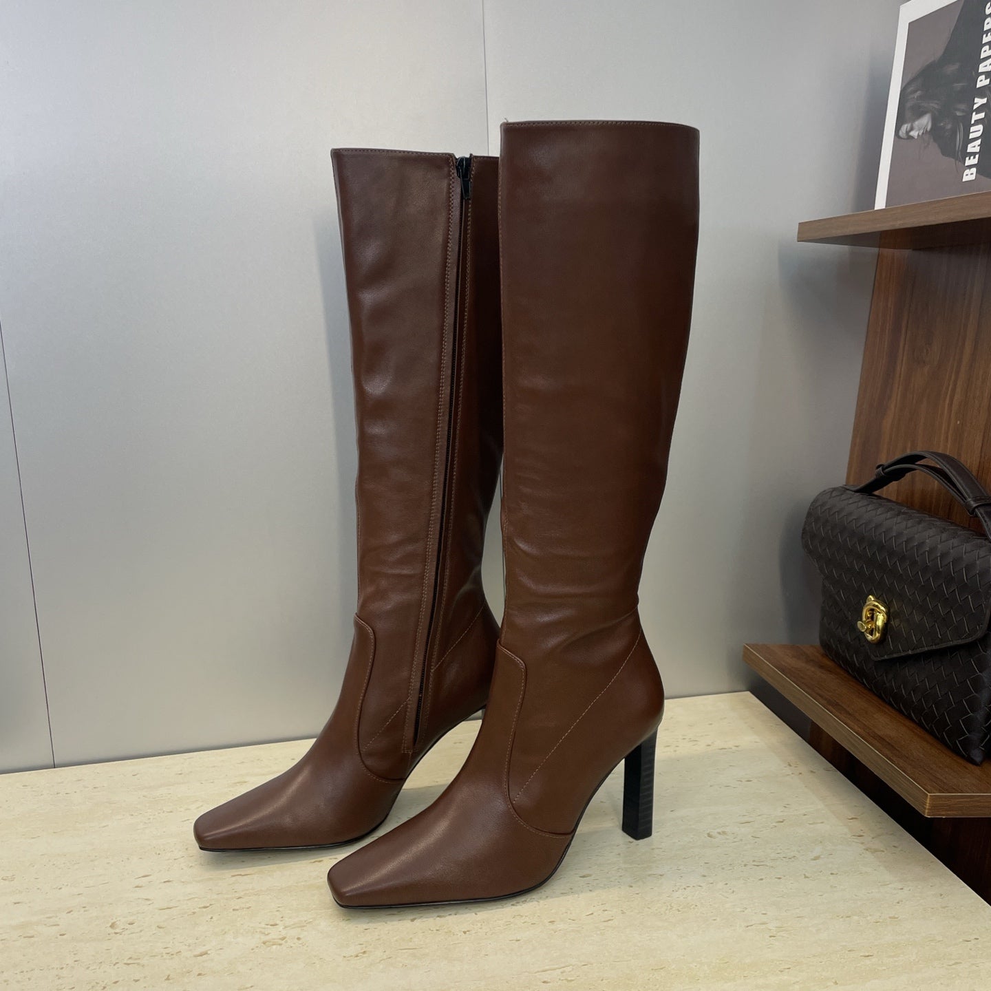 YSL 2025  Square Toe Over-the-Knee Rider Boots Brown Calfskin 574017