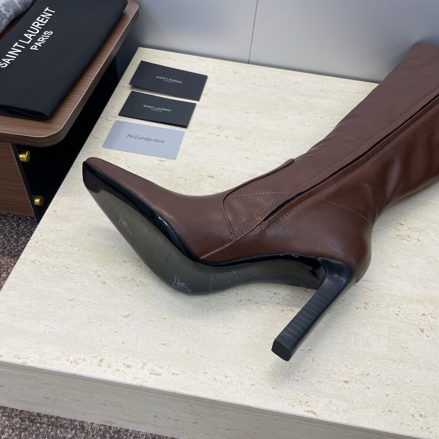 YSL 2025  Square Toe Over-the-Knee Rider Boots Brown Calfskin 574017