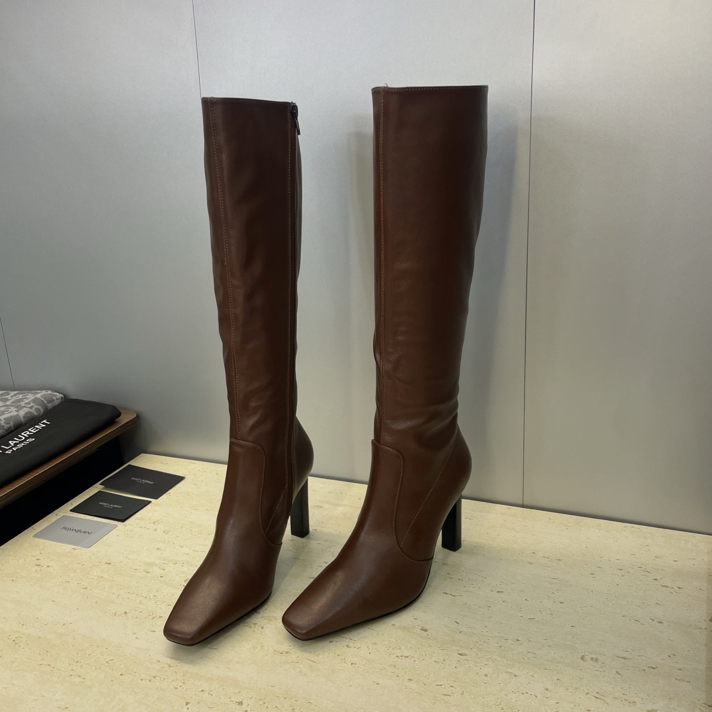 YSL 2025  Square Toe Over-the-Knee Rider Boots Brown Calfskin 574017