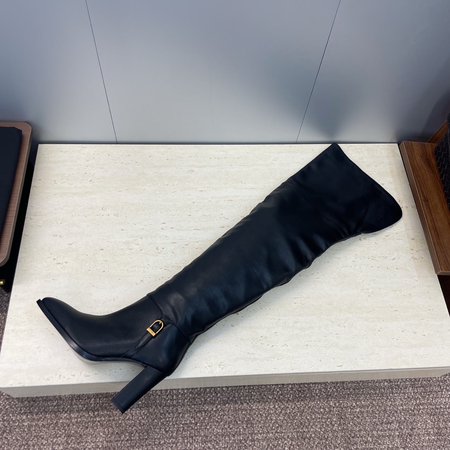 YSL 2025  High-Heeled Pointed-Toe Knee-High Rider Boot Black Calfskin 574018