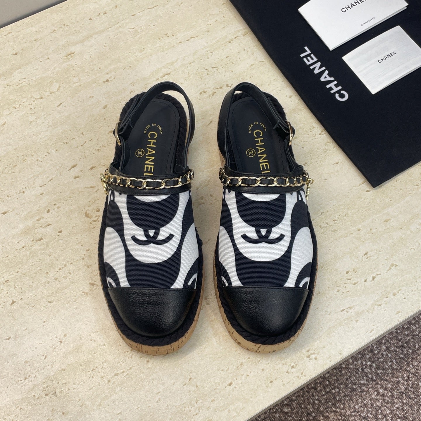 CC 26 Slingback Espadrilles Black Sheepskin Canvas 607462