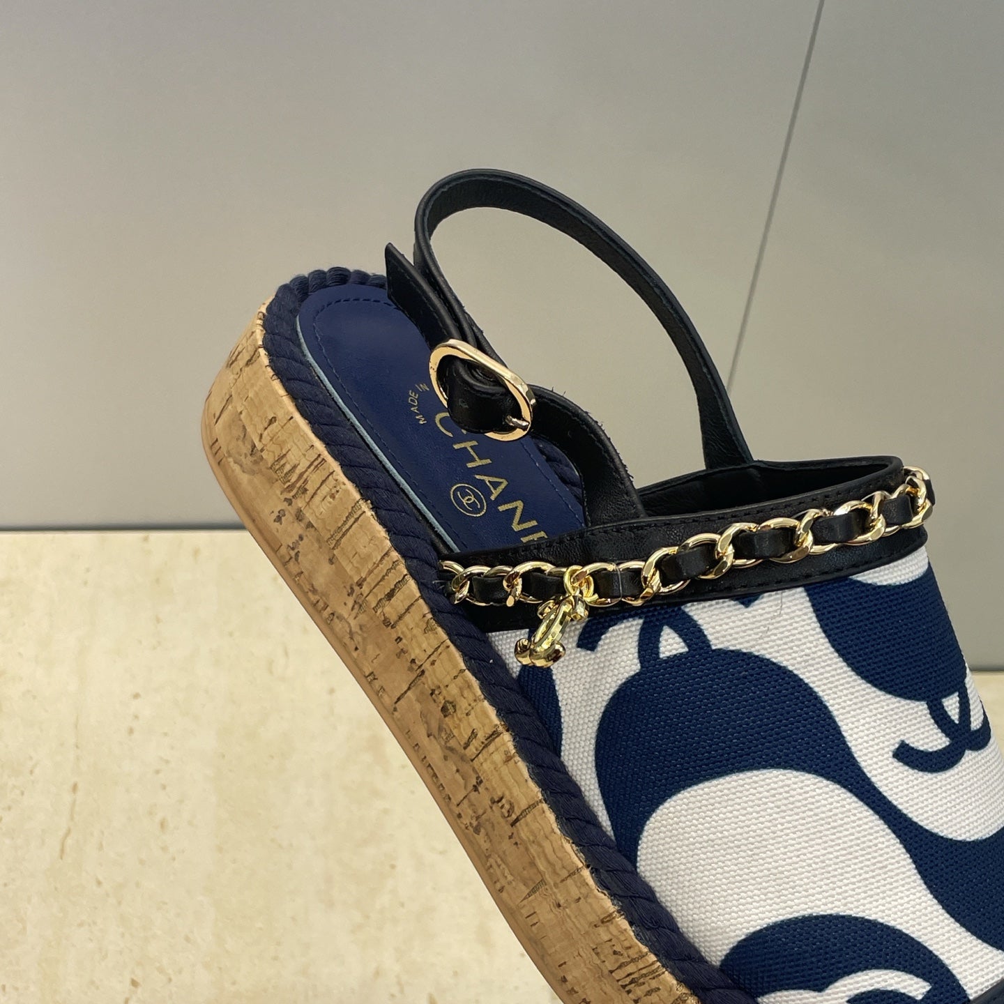 CC 26 Slingback Espadrilles Navy Blue Sheepskin Canvas 607463