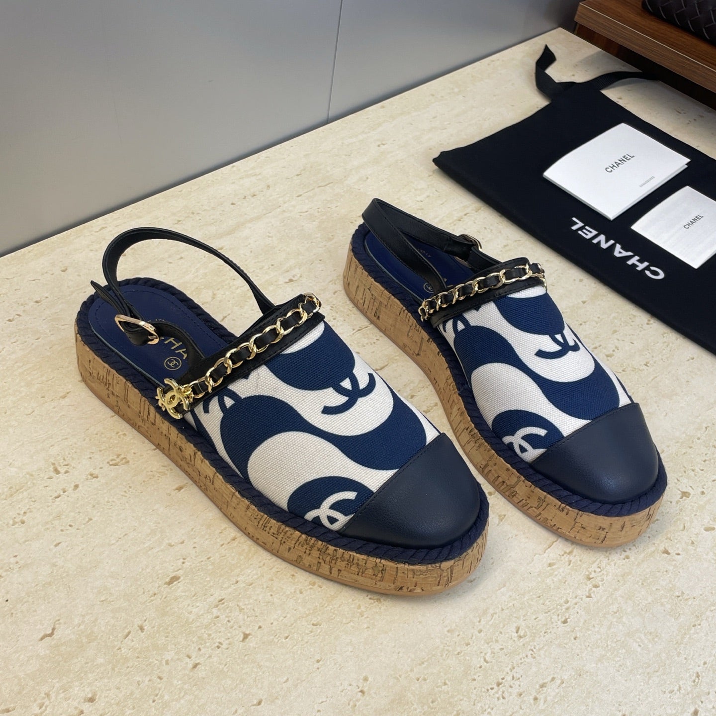 CC 26 Slingback Espadrilles Navy Blue Sheepskin Canvas 607463