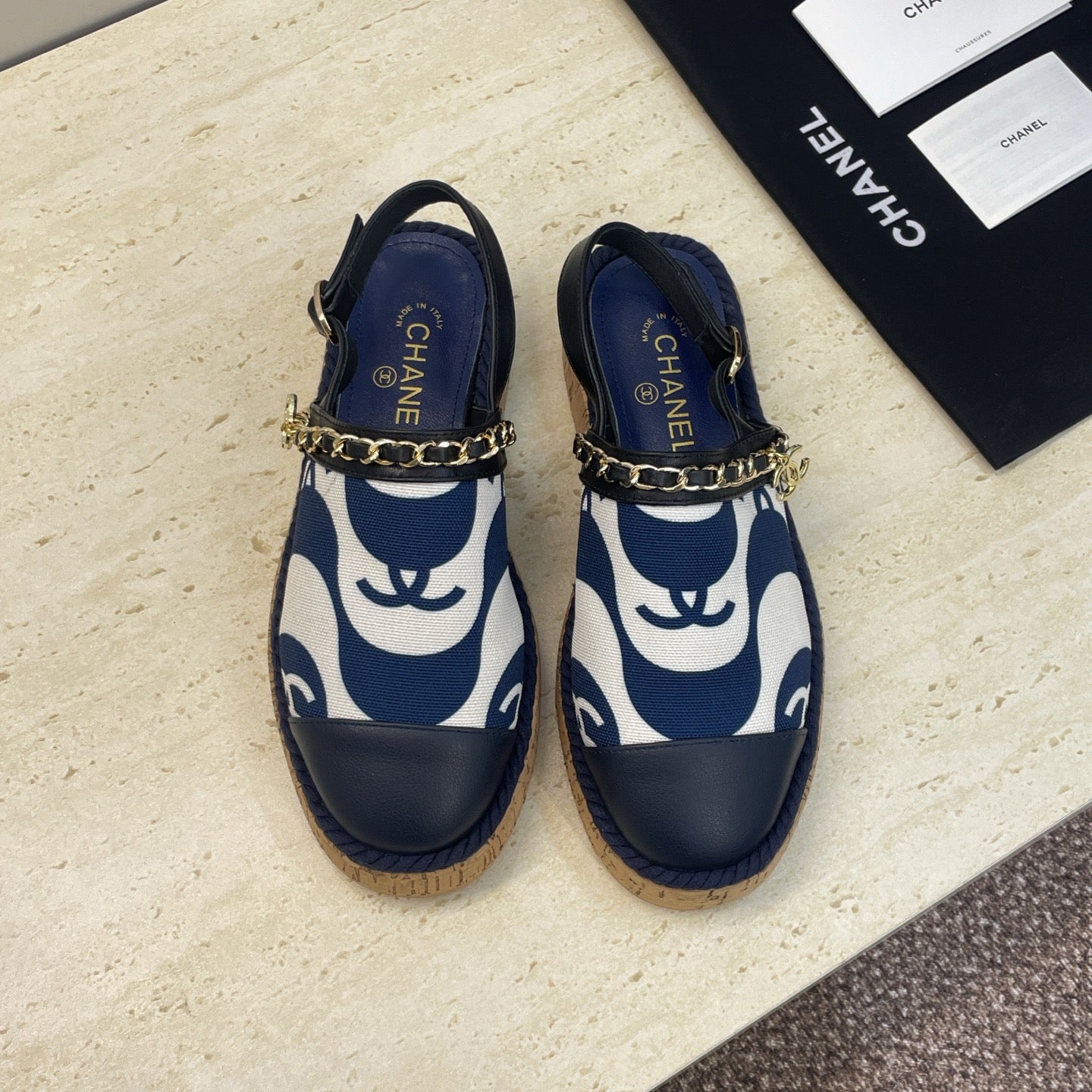 CC 26 Slingback Espadrilles Navy Blue Sheepskin Canvas 607463