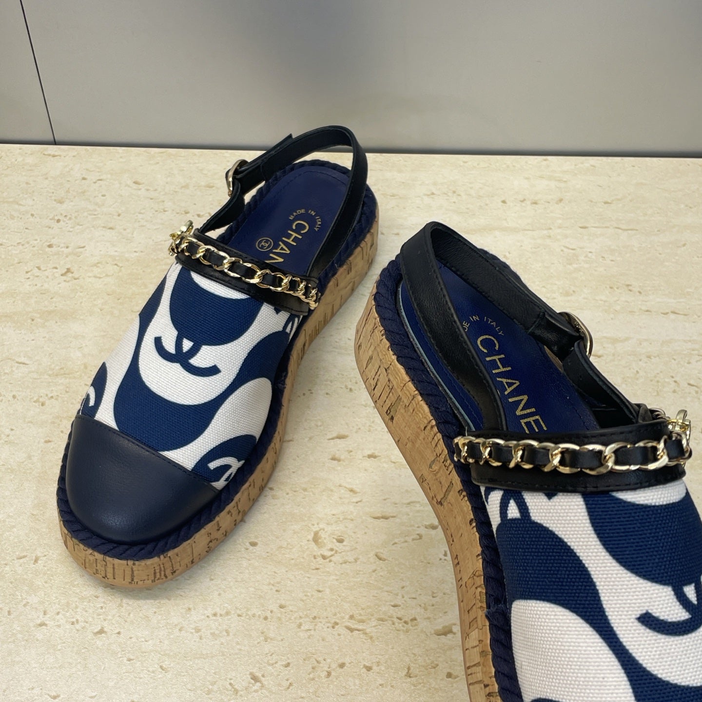CC 26 Slingback Espadrilles Navy Blue Sheepskin Canvas 607463