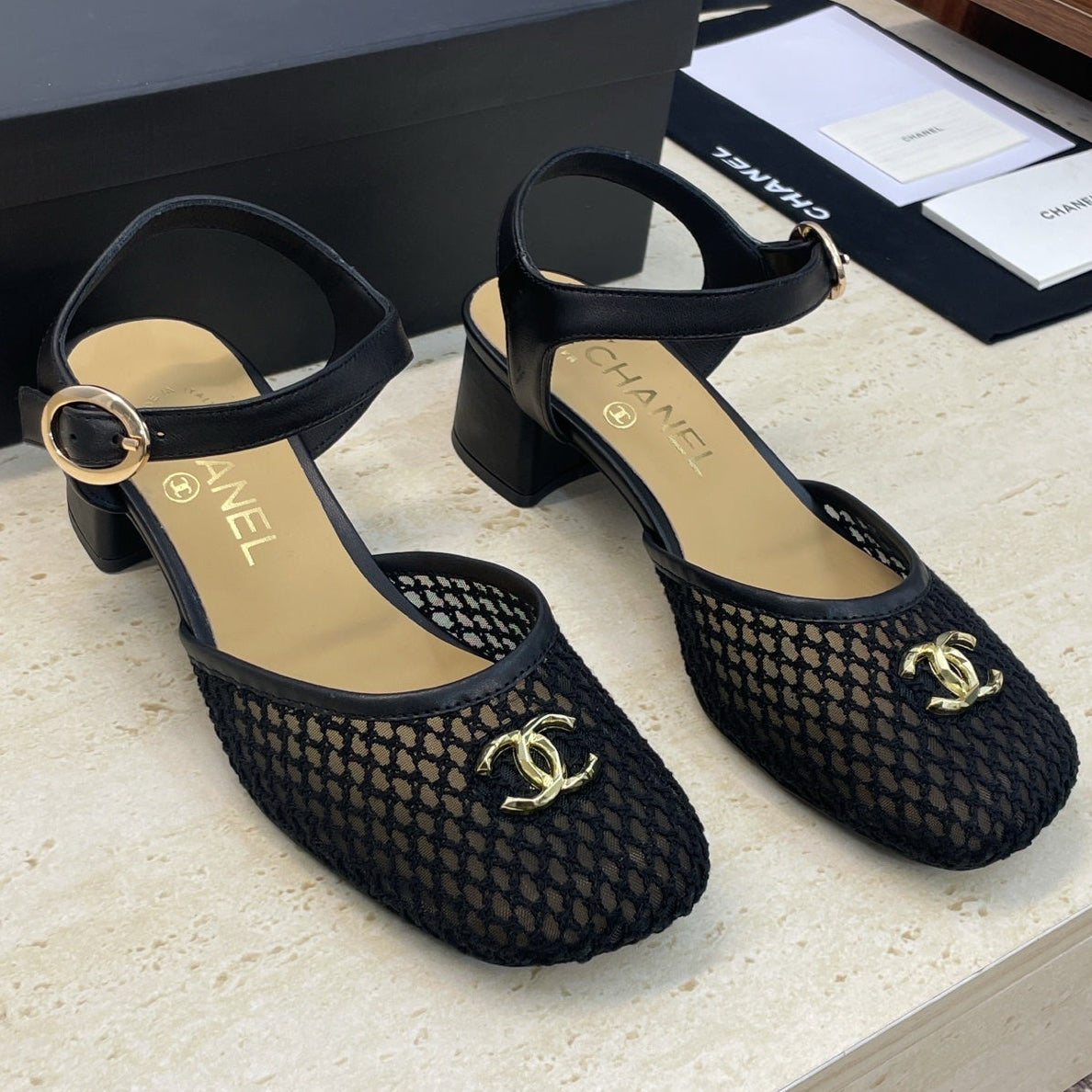 CC 26 Slingback Pump 45mm Black Beige Mesh Sheepskin 607483