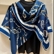 Chevaux Dechaines Shawl 135 CM IN Dark Blue Colorful Cashmere Silk 373682