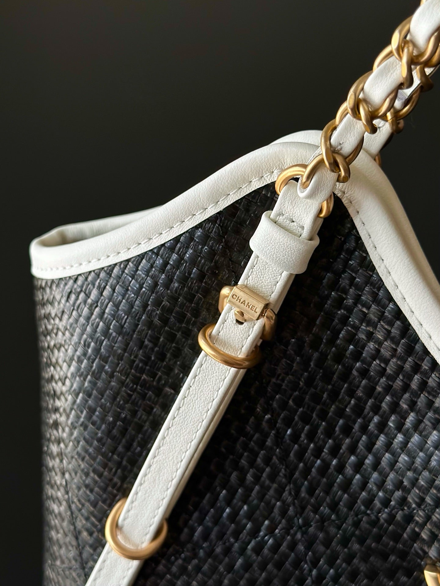 Chanel 2025 Maxi Hobo Bag 31cm Black mix White Straw Leather 320857