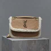 NIKI SMALL 22 IN CAMEL SUEDE AND WHITE SHEARLING