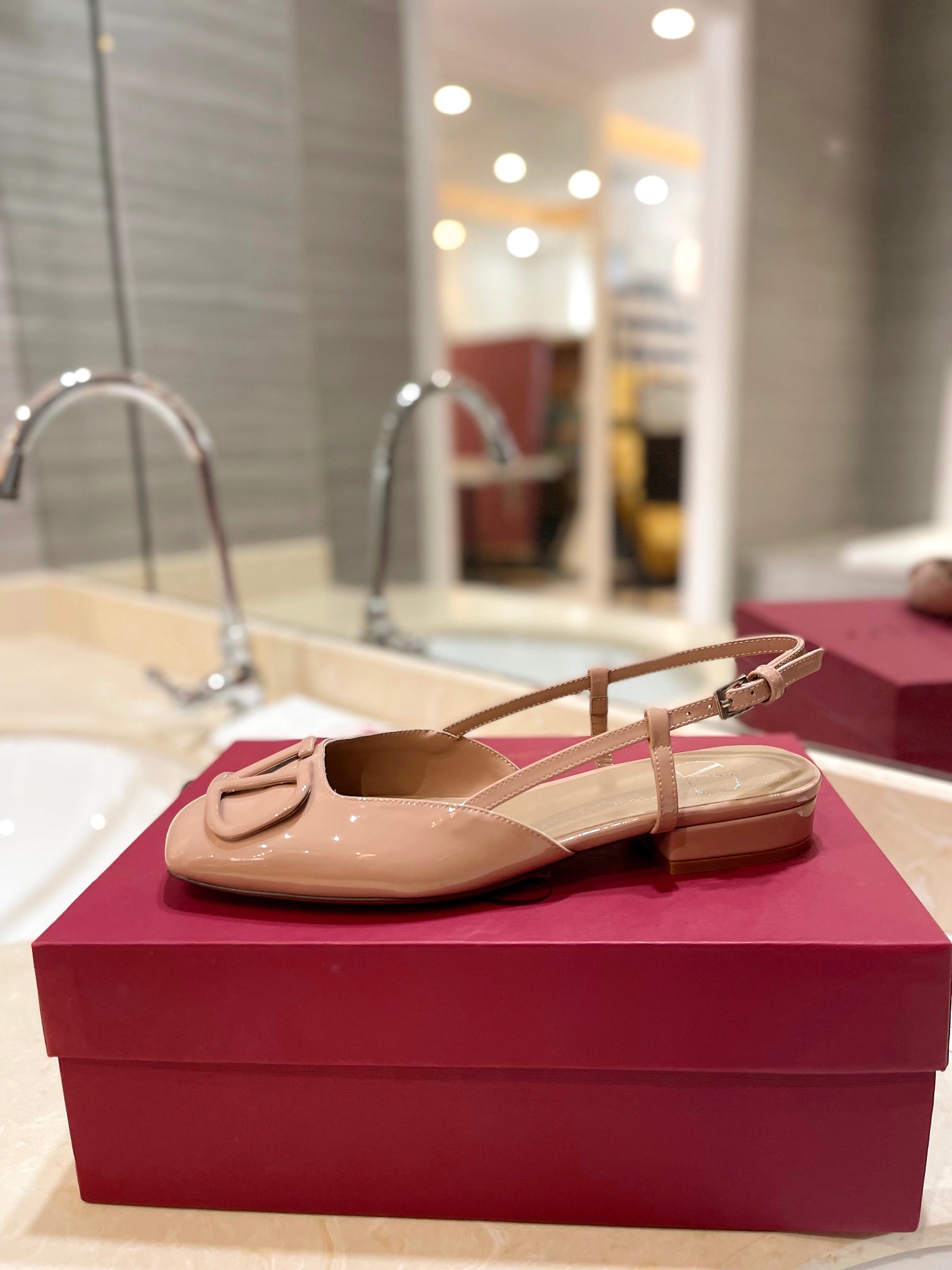 VLOGO BEIGE PATENT LEATHER SLINGBACK FLATS