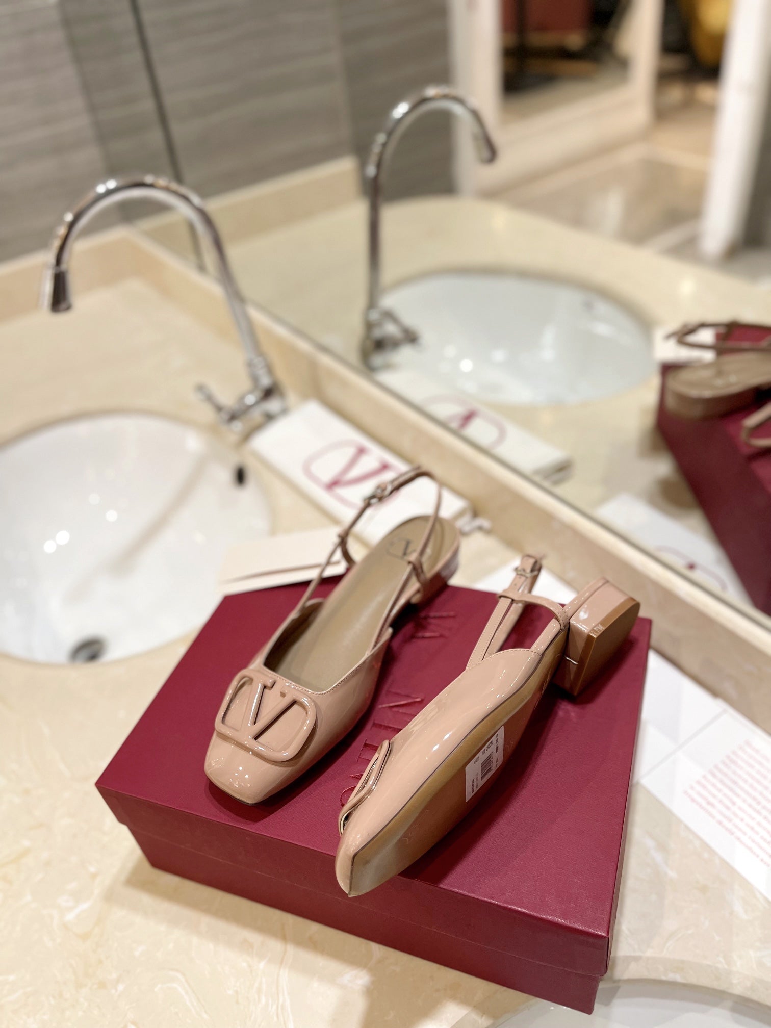 VLOGO BEIGE PATENT LEATHER SLINGBACK FLATS