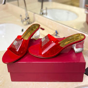 HIGH MULE 60MM IN CHERRY RED SHEEPSKIN AND TRANSPARENT PVC