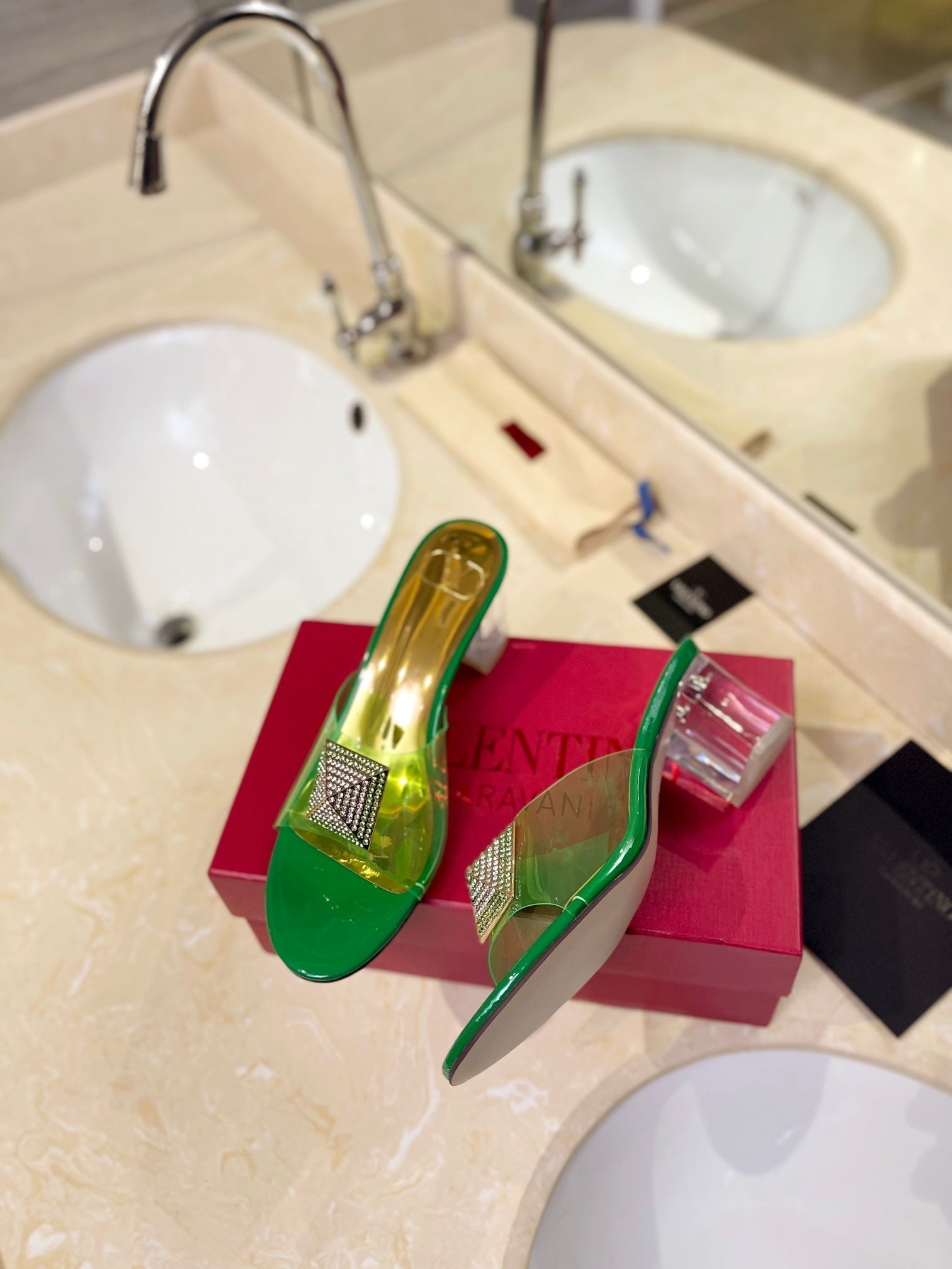 HIGH MULE 60MM IN SHAMROCK GREEN SHEEPSKIN AND TRANSPARENT PVC