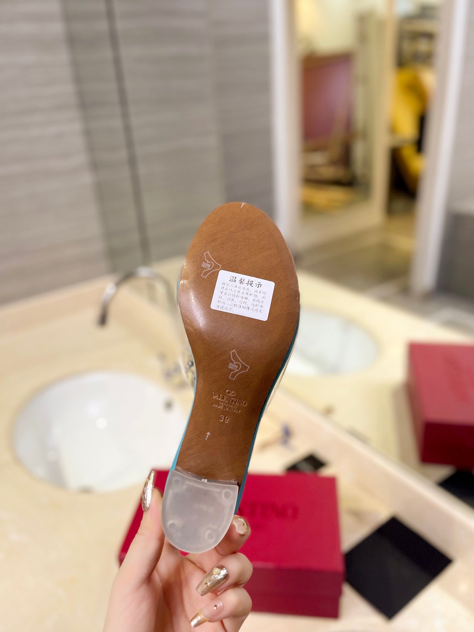 HIGH MULE 60MM IN AQUA BLUE SHEEPSKIN AND TRANSPARENT PVC