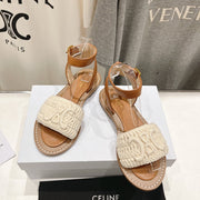 LYMPIA SANDAL IN TRIOMPHE MACCRAMÃ‰ COTTON & CALFSKIN ECRU TAN