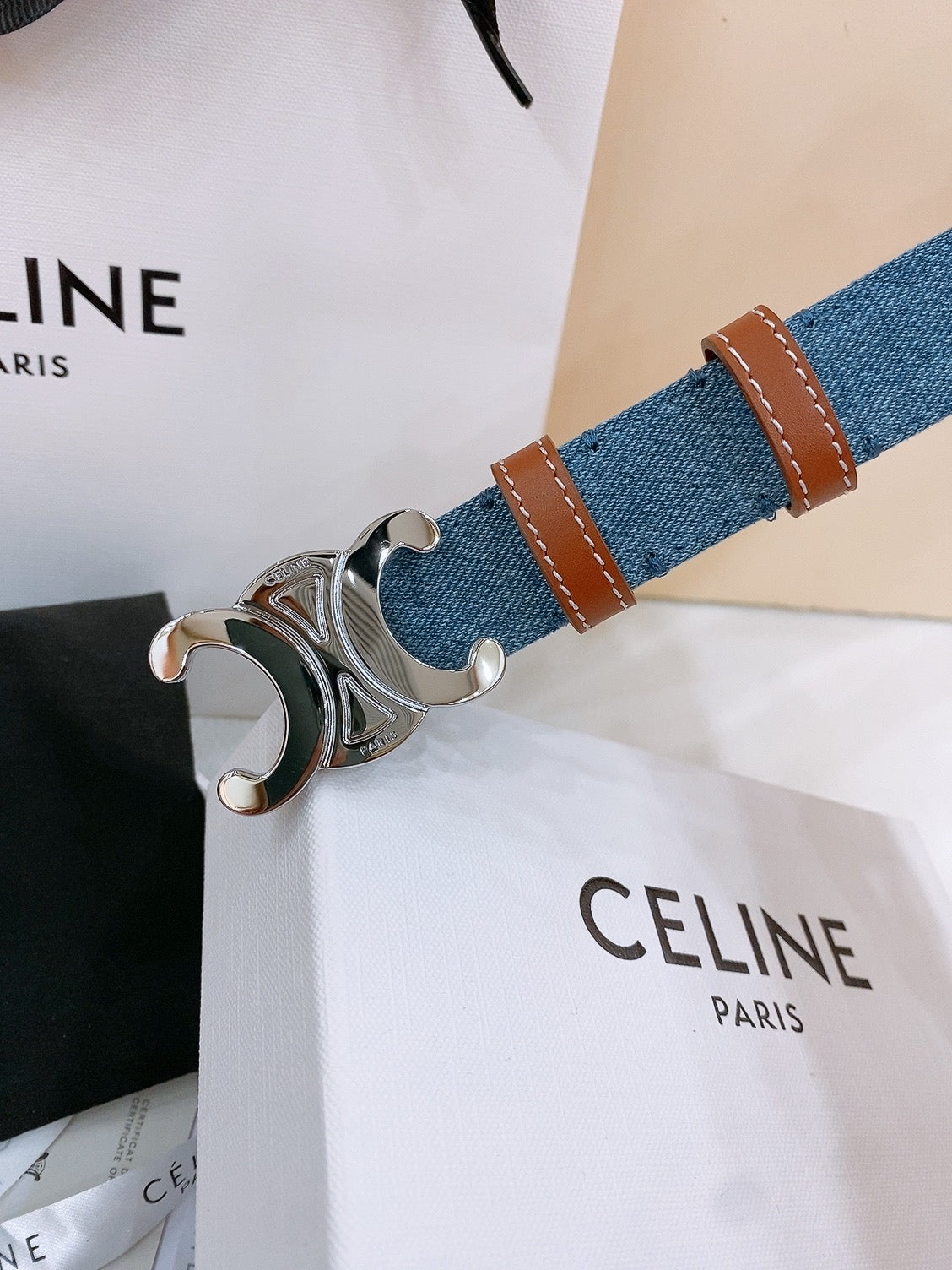 CL Sliver 25mm Triomphe Enamel Blue Brown Denim Calfskin 558354