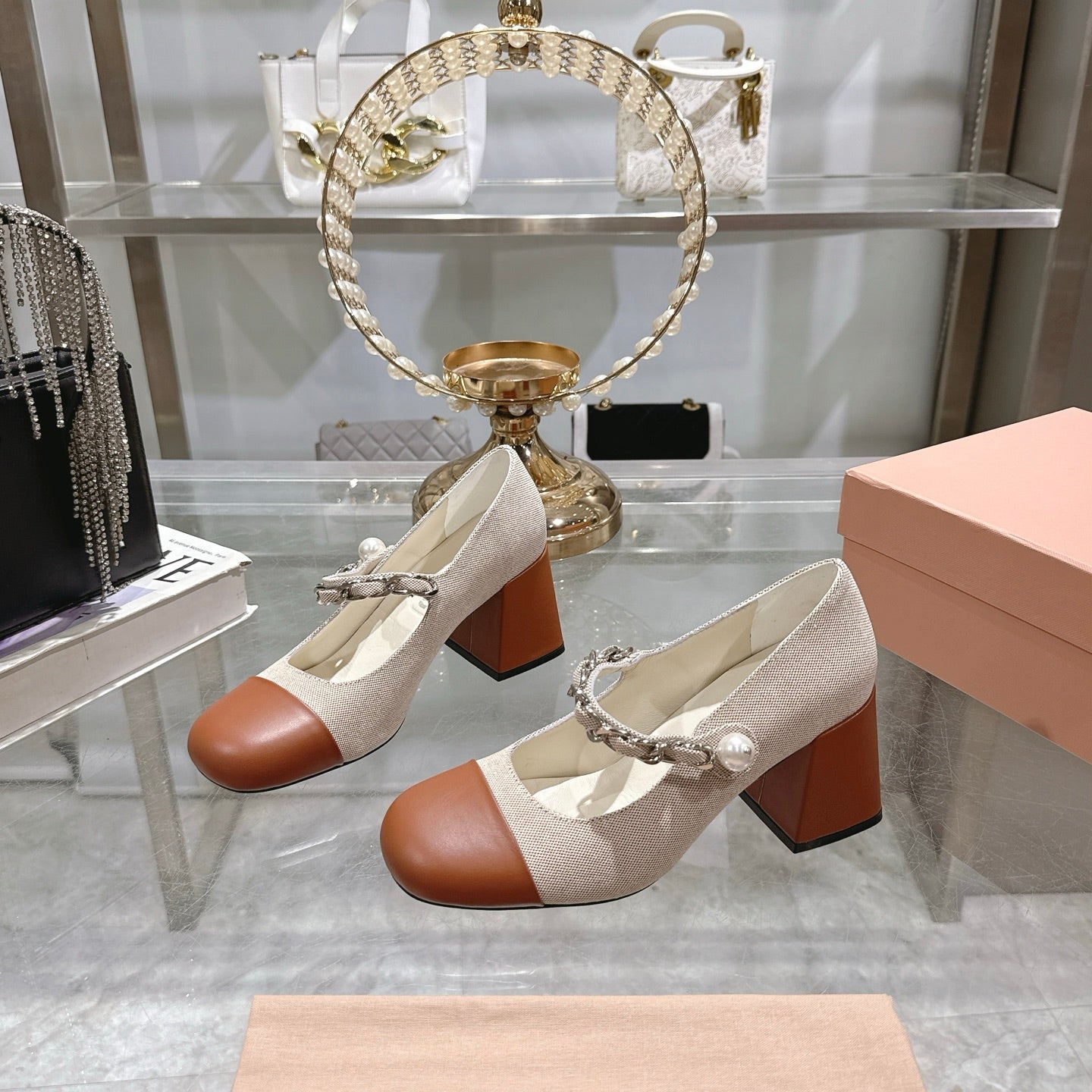 Miu 25C Mary Jane 75MM Beige Cream Mix Brown Fabric 235367
