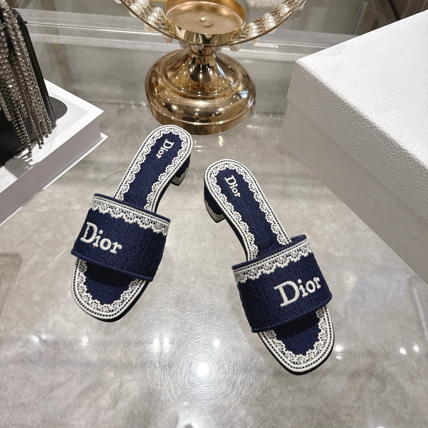 CD  26 Embroidered Sandals 45mm Dark Blue White Canvas 592238