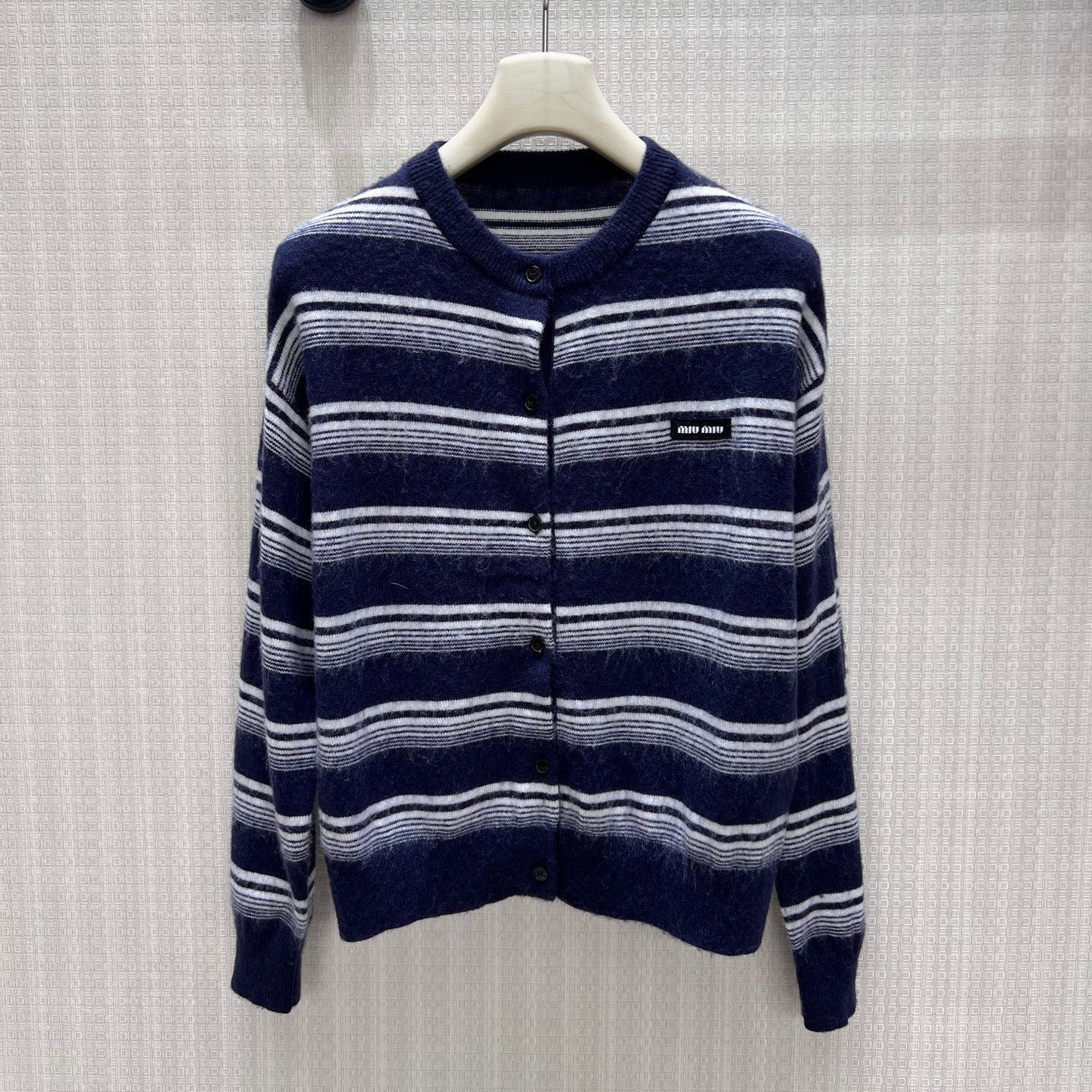 Miumiu 2026 Cardigan Navy Blue mix White Wool 425512