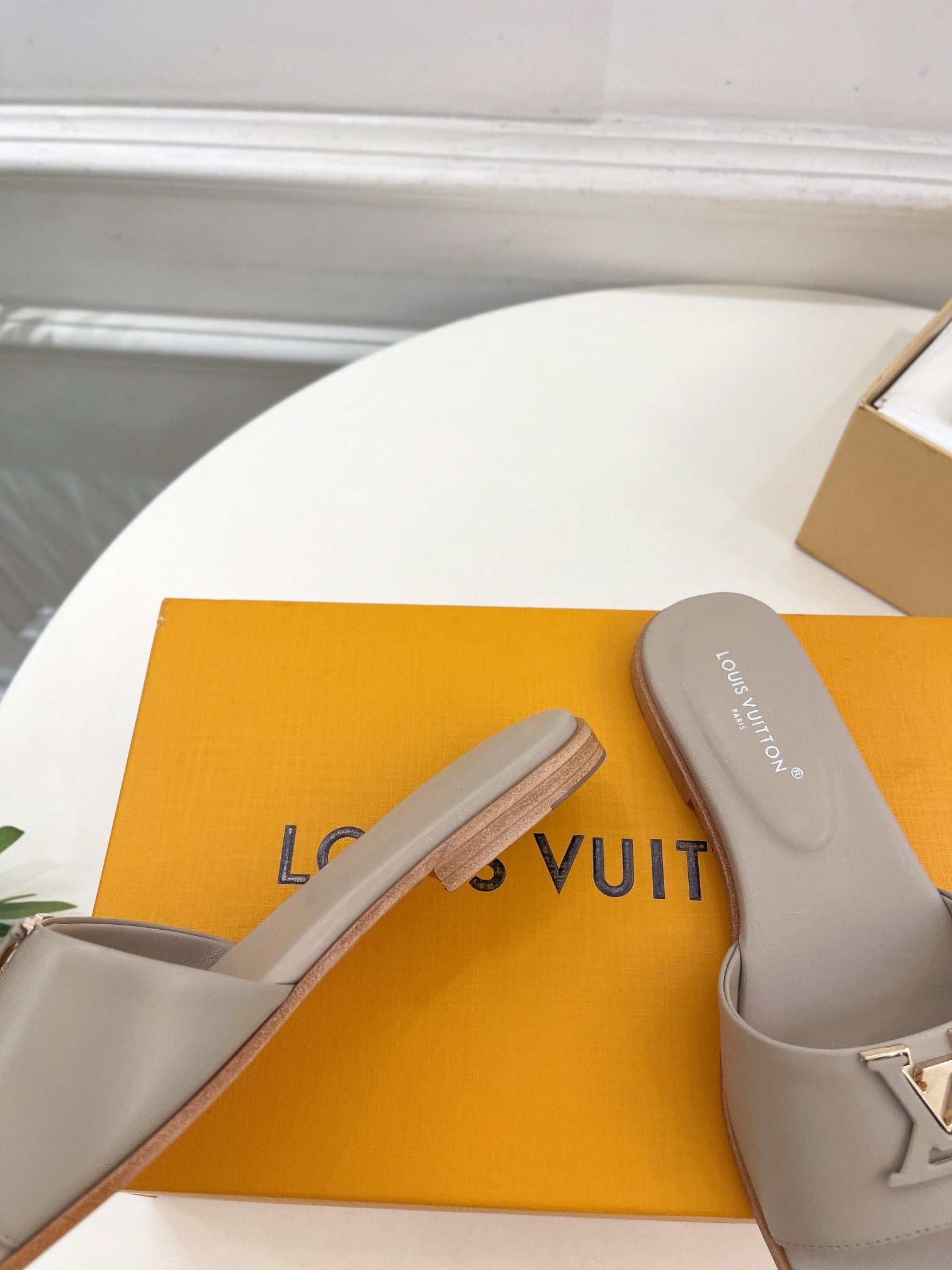 lv capri flat mule grey calfskin