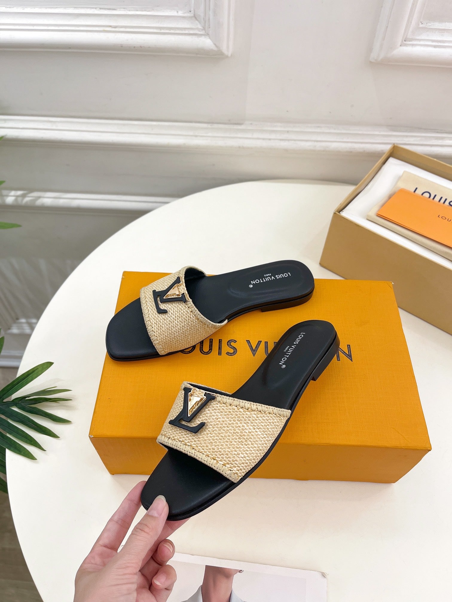 lv capri flat mule beige raffia black calfskin