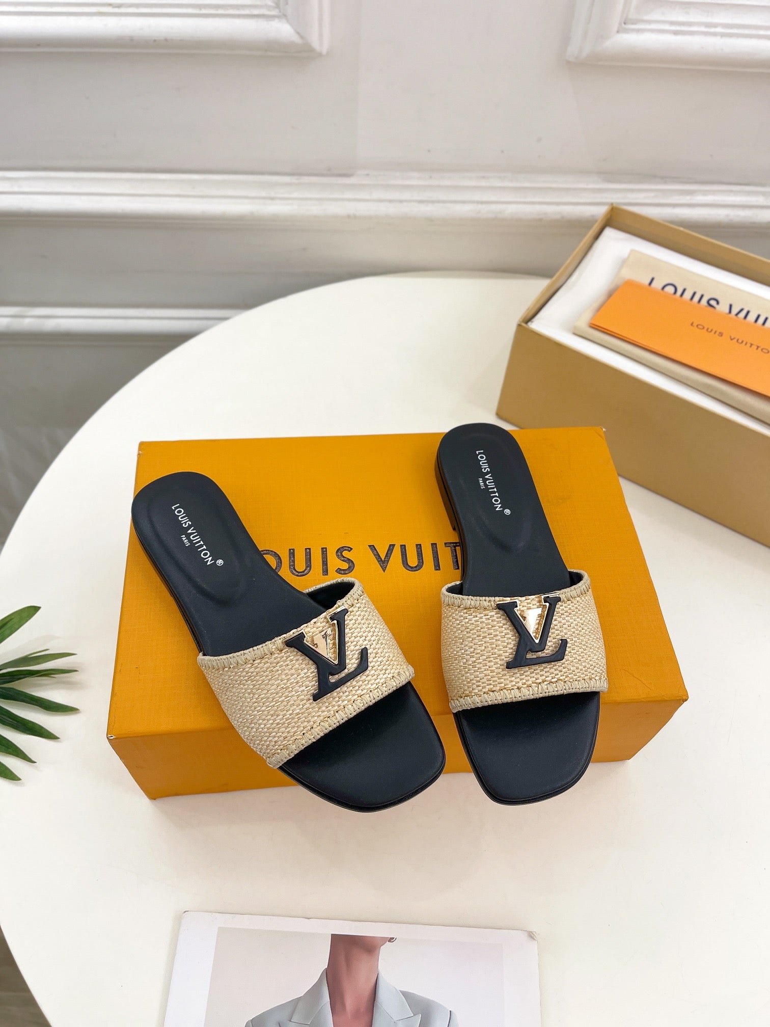 lv capri flat mule beige raffia black calfskin