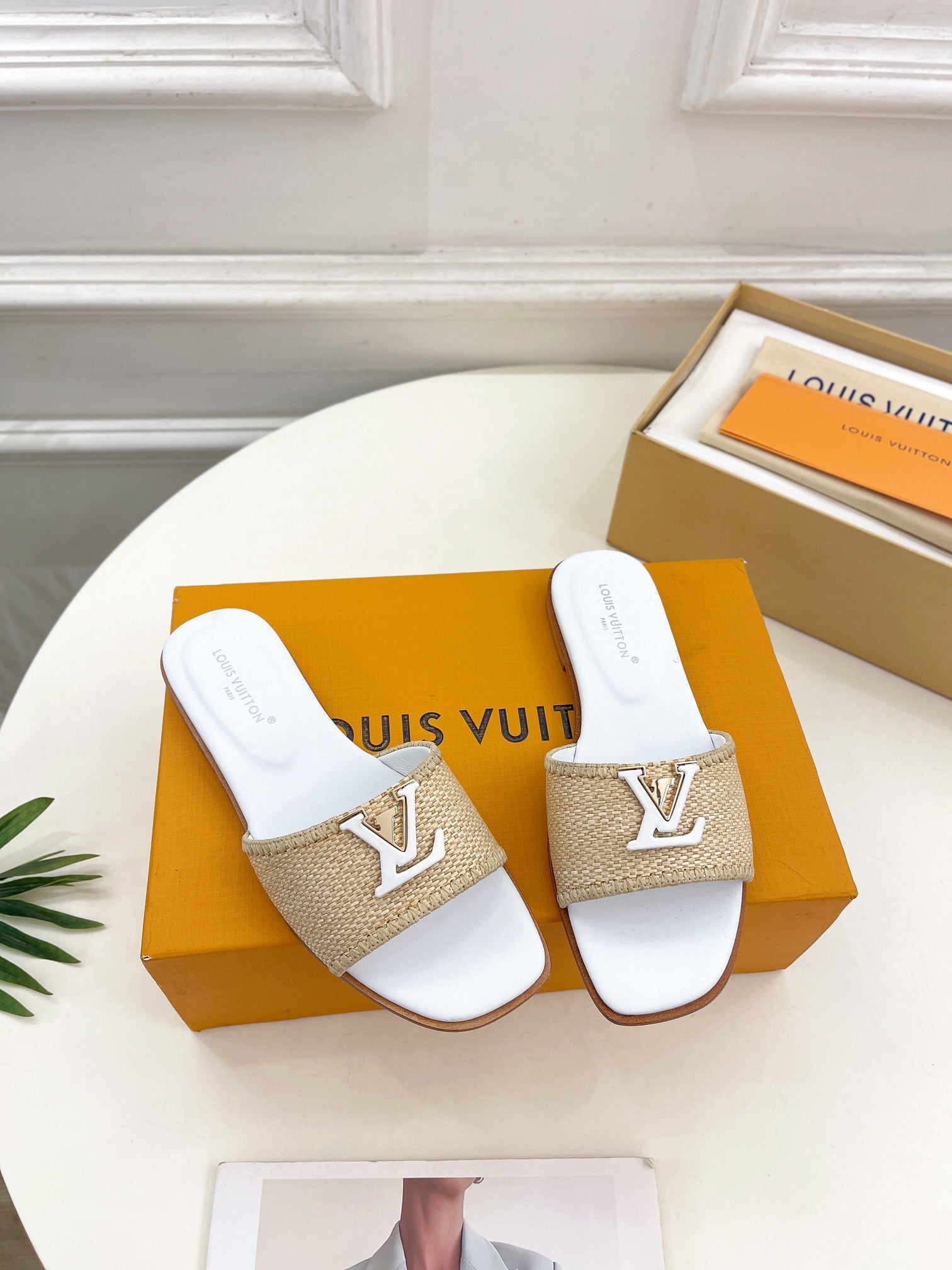 lv capri flat mule beige raffia white calfskin