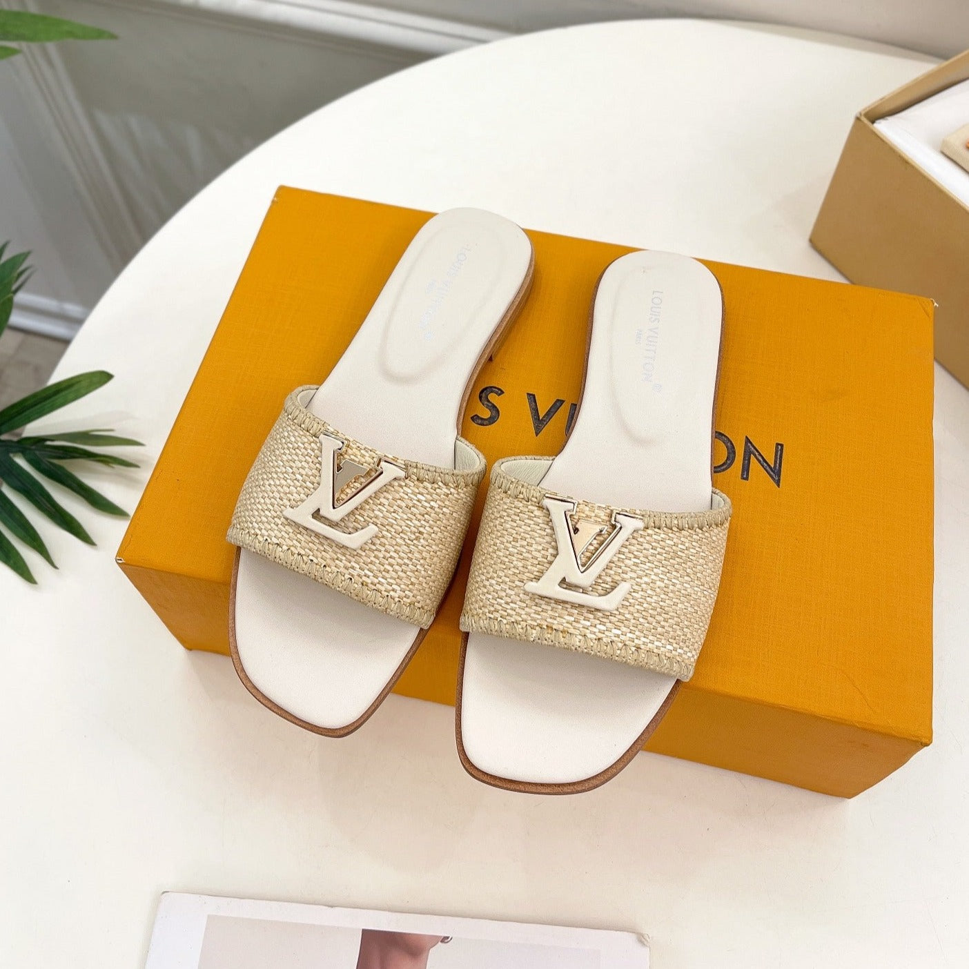 lv capri flat mule beige raffia cream calfskin