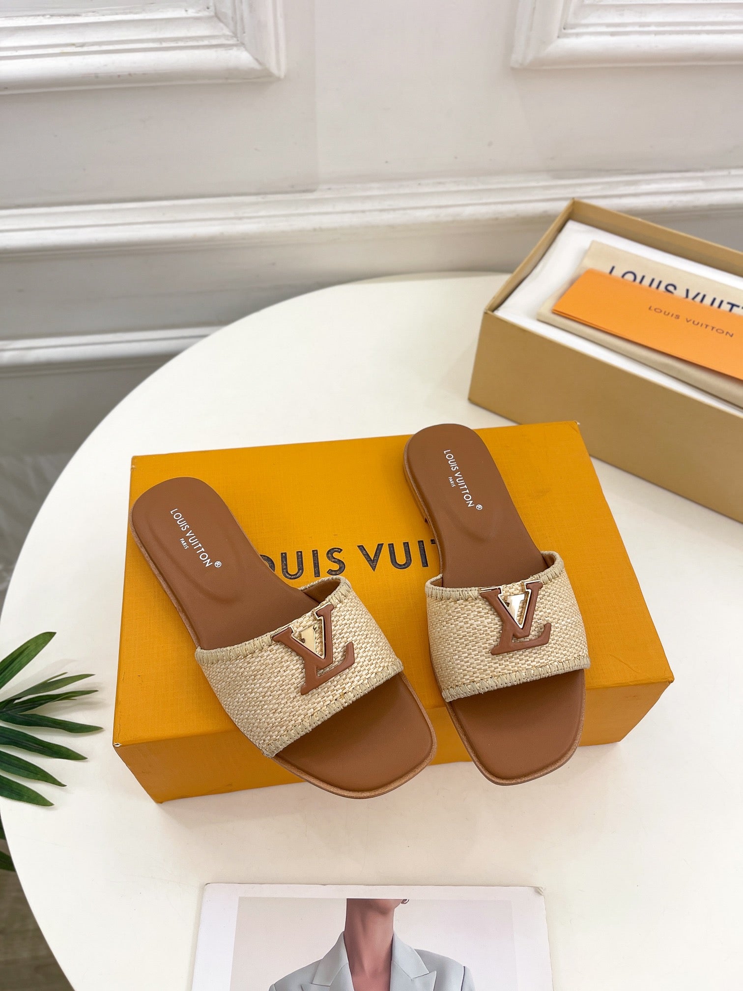 lv capri flat mule beige raffia dark brown calfskin