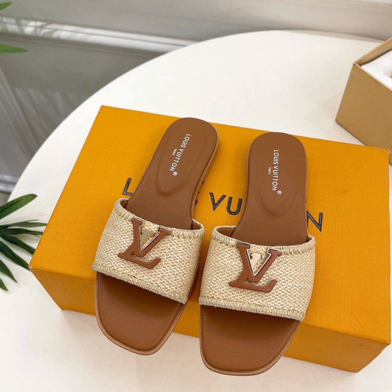 lv capri flat mule beige raffia dark brown calfskin