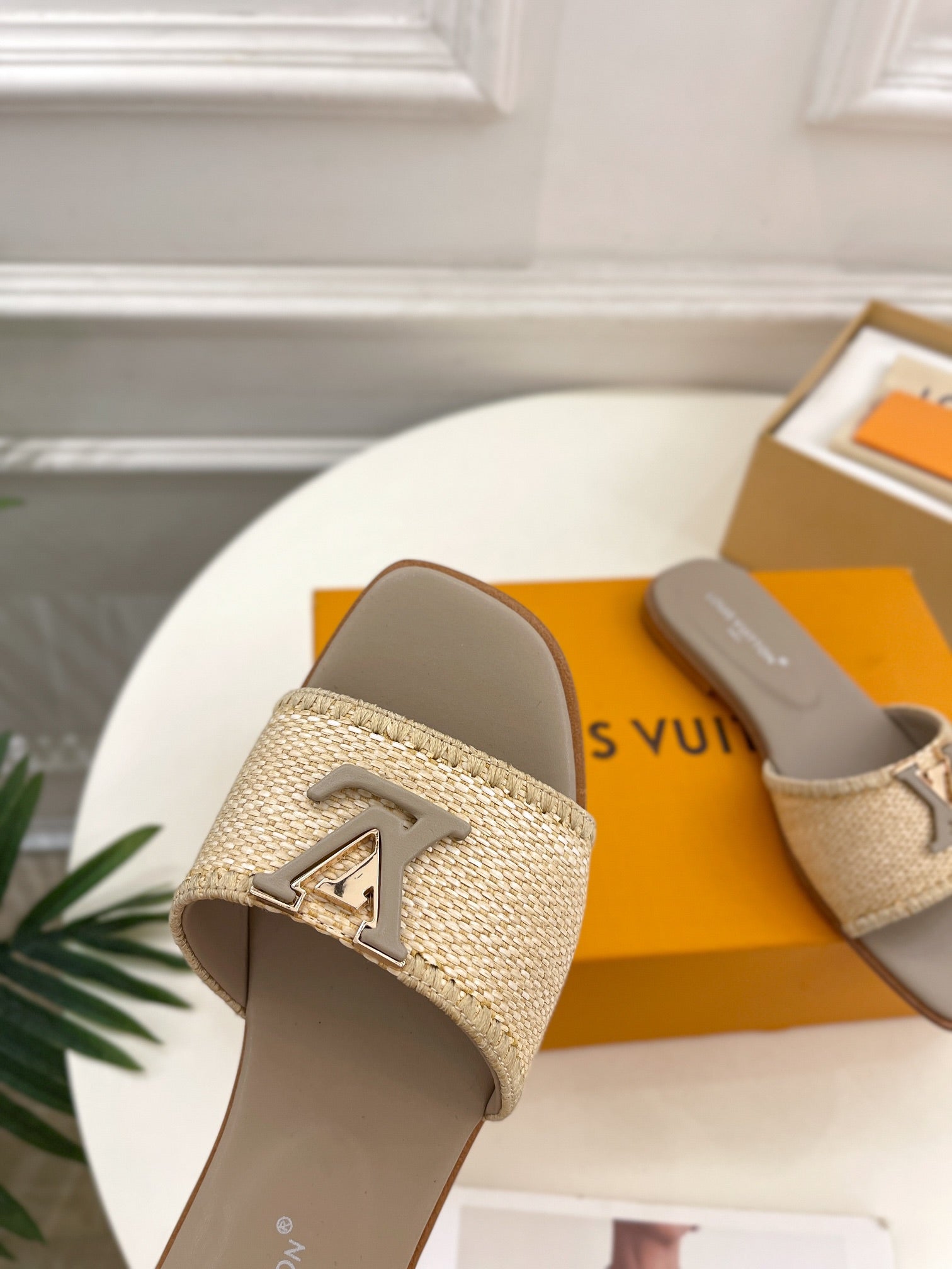 lv capri flat mule beige raffia grey calfskin