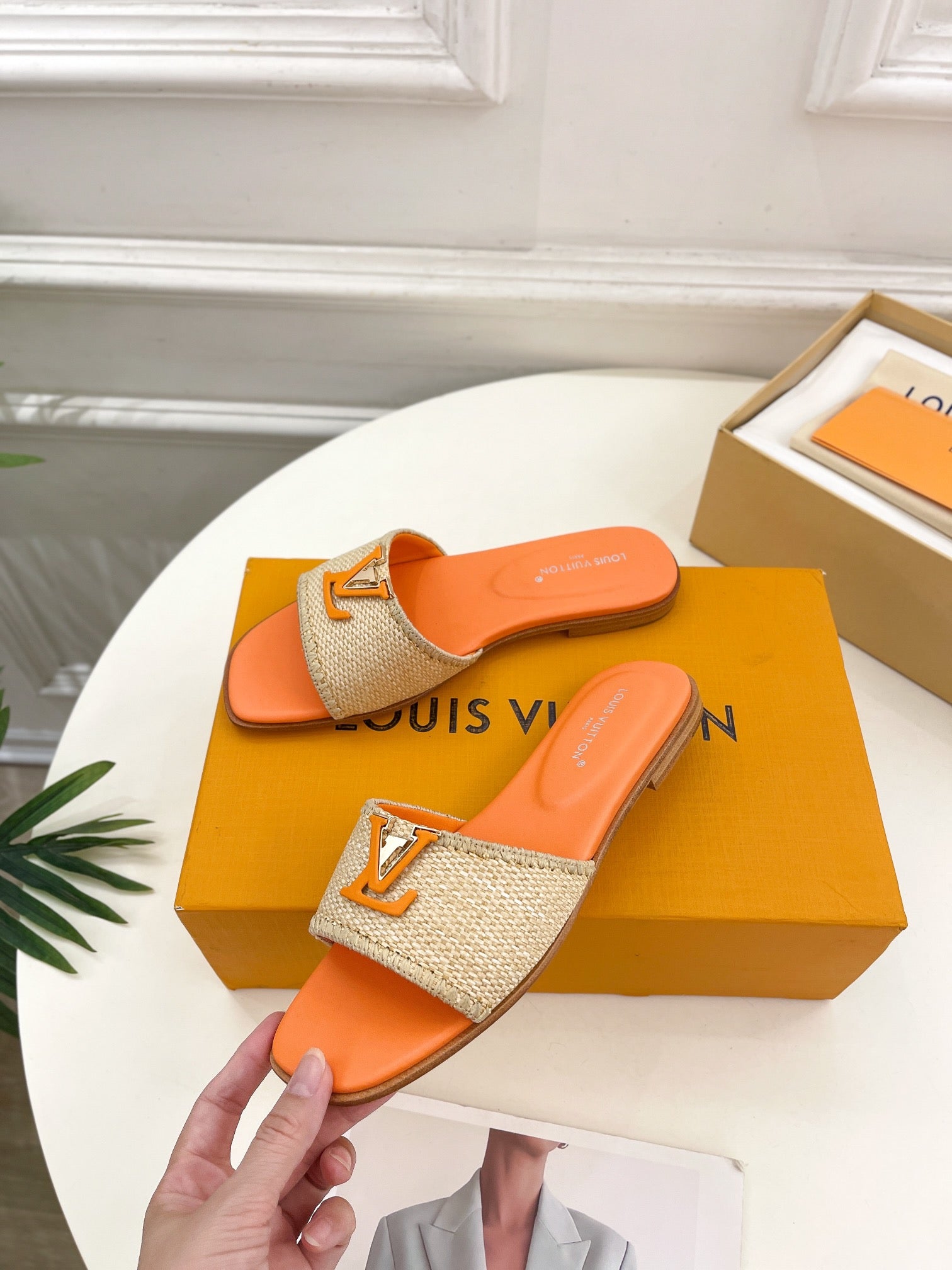 lv capri flat mule beige raffia orange calfskin