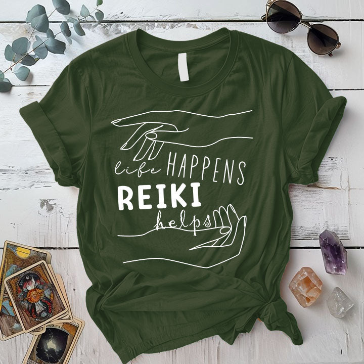 Life Happens Reiki Helps T Shirt Military Green Mockup