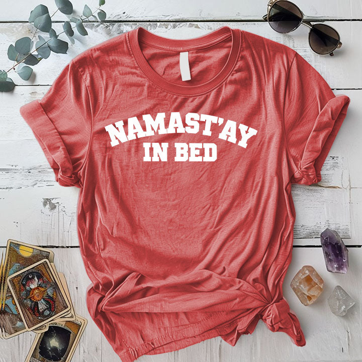 Namastay In Bed T-Shirt Mockup coral-silk