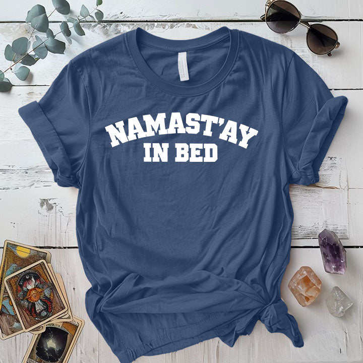 Namastay In Bed T-Shirt Mockup indigo-blue