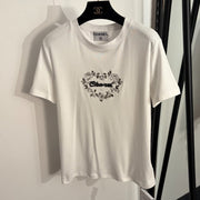 Chanel 2026 Rose Heart Embroidered T-shirt White Black Cotton 150138
