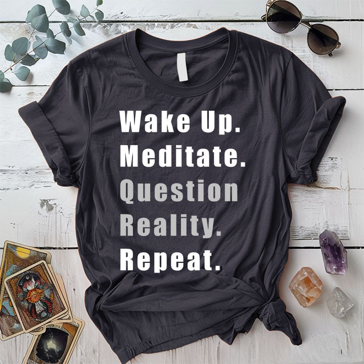 Question Reality Repeat T Shirt Dark Heather Grey Mockup